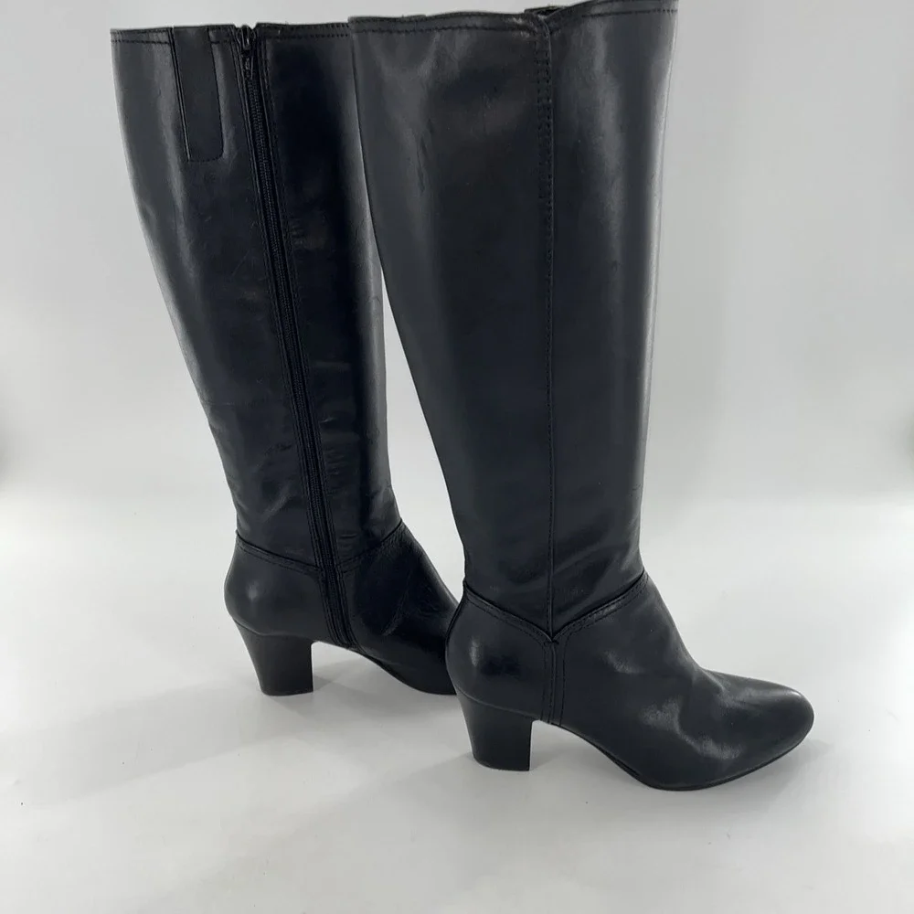 Nine West Knee High Leather Tall Dress Boots Black 9 Mid Heel Side‎ Zip Alysia
